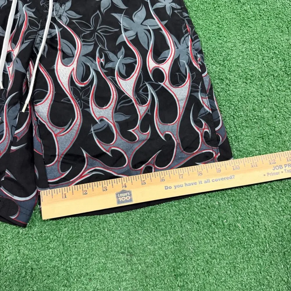 J Khaki Y2K Flame Tribal Board Shorts Black Gray Red Surf Skate Swim Shorts
